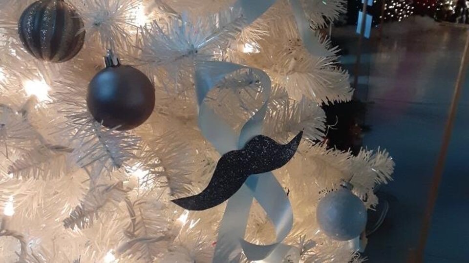 Gros plan sur un sapin montrant lumières, boules de Noël et une moustache.