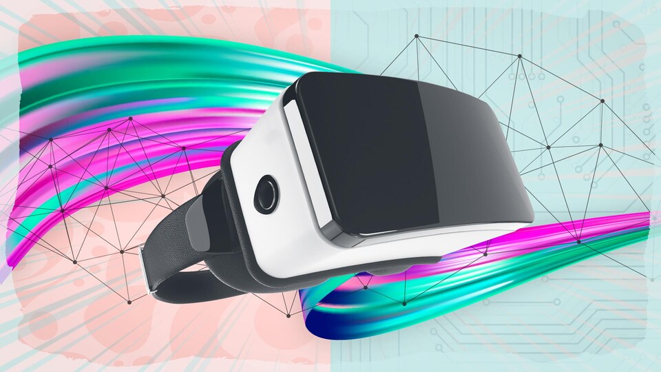 Un casque de réalité virtuelle devant un faisceau de peinture.