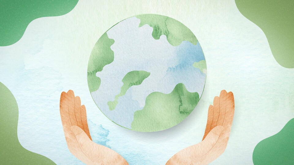 Illustration de mains autour de la planète Terre.