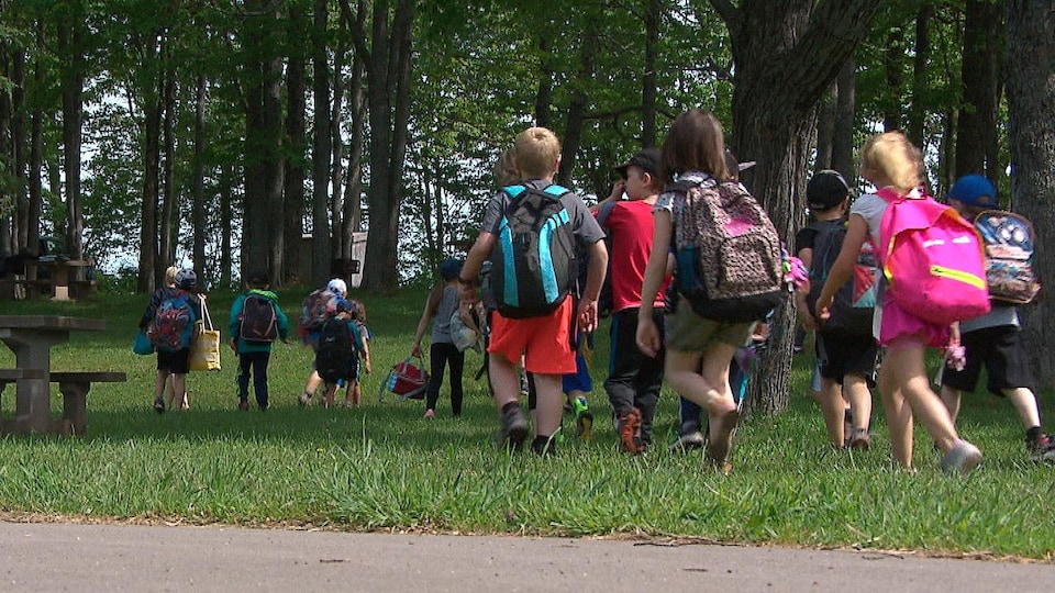 Des enfants marchent dans un parc avec leurs sacs à dos.