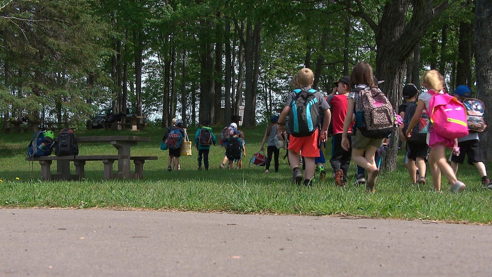 Des enfants marchent dans un parc avec leurs sacs à dos.