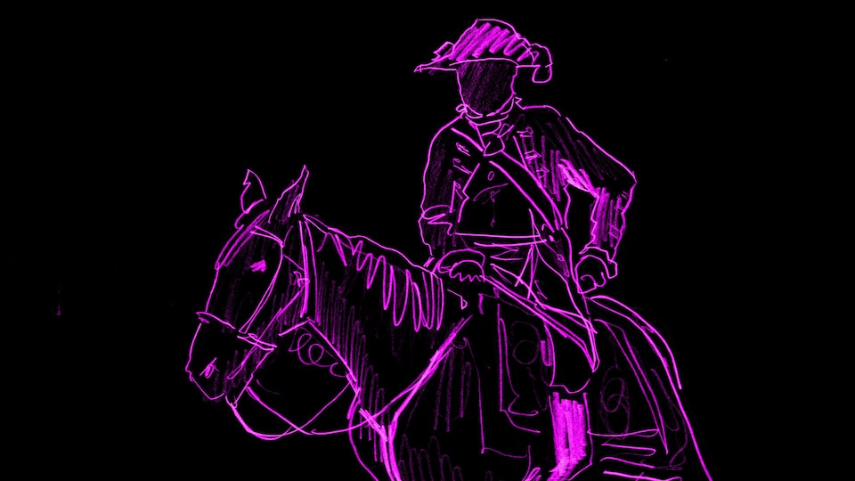 Un capitaine à cheval dessiné sur un fond noir.