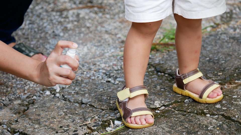 Une femme applique de l'insecticide sur les jambes d'un enfant.
