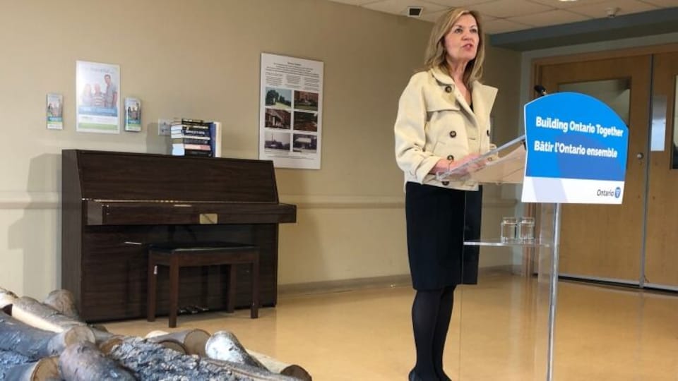 La ministre de la Santé de l'Ontario Christine Elliott parle sur un podium lors d'une conférence de presse à l'Hôpital Michael Garron à Toronto.