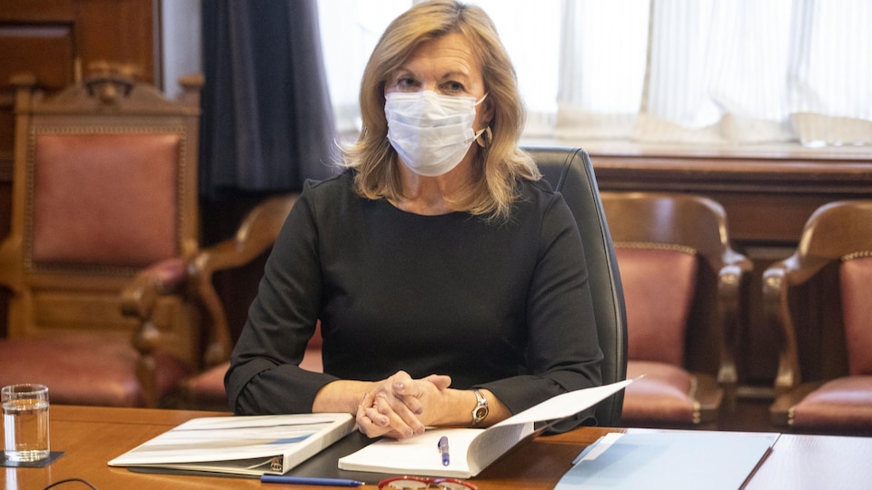 La ministre de la Santé de l'Ontario Christine Elliott est masquée et assise à une table.