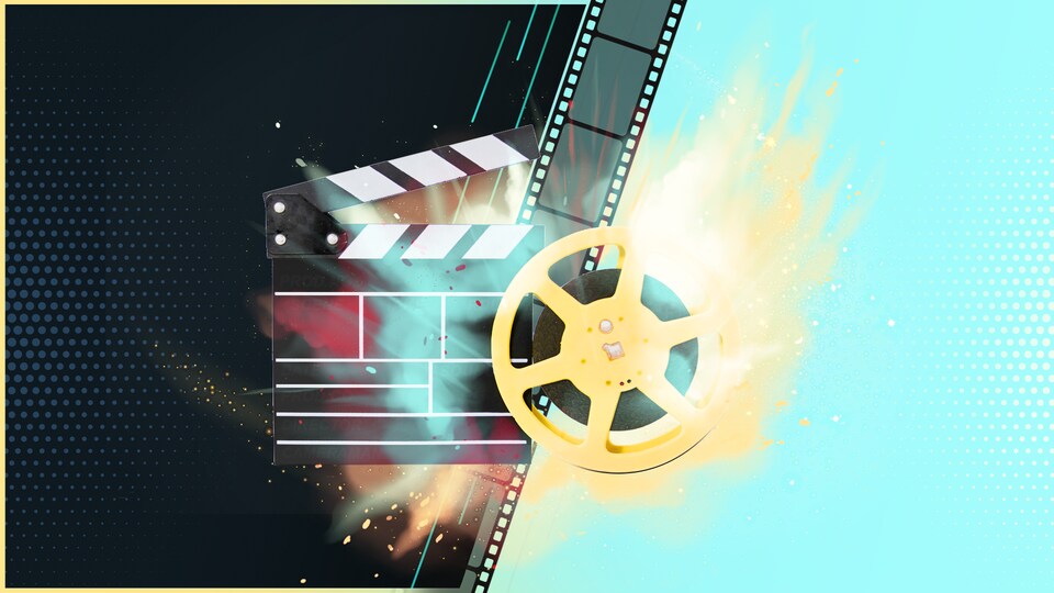 Une bobine de film et une claquette de cinéma.
