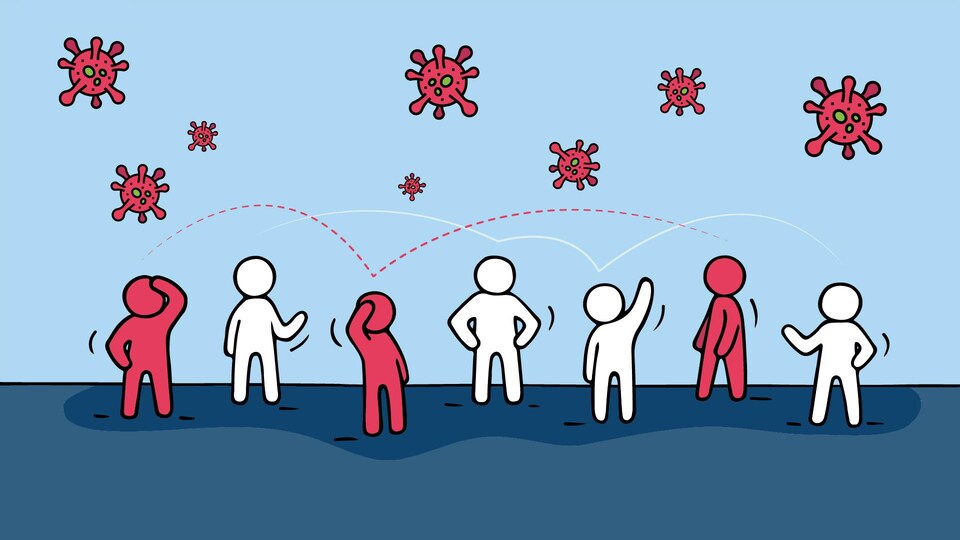 Une illustration d'un groupe de personnes. Certains personnages sont de couleur rouge pour signifier qu’ils sont atteints du virus. Des lignes les relient entre eux pour représenter leur réseau de contacts.