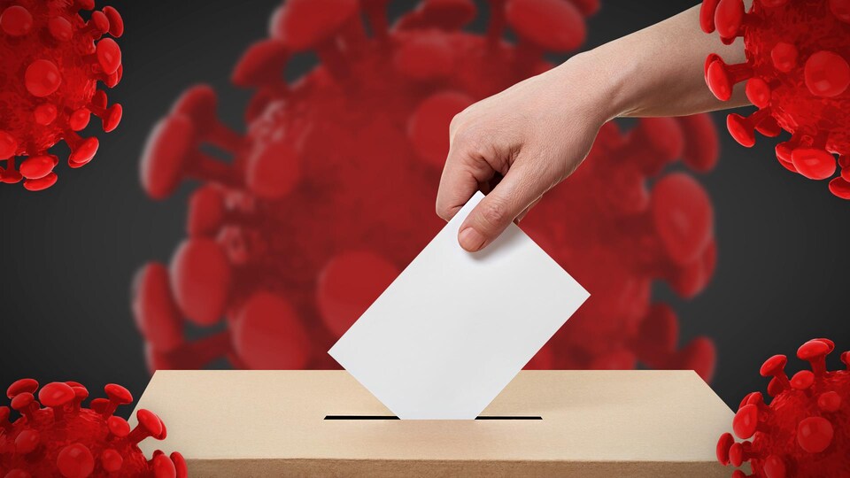 Montage d'un main qui dépose un bulletin de vote dans un boite entourée de gros virus.