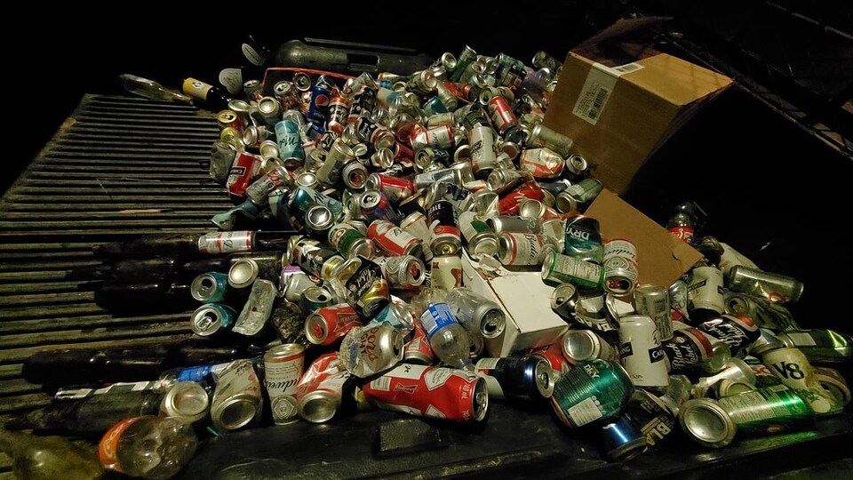 Des centaines de canettes de bière trouvées dans la forêt sont empilées dans la boîte d'une camionnette.
