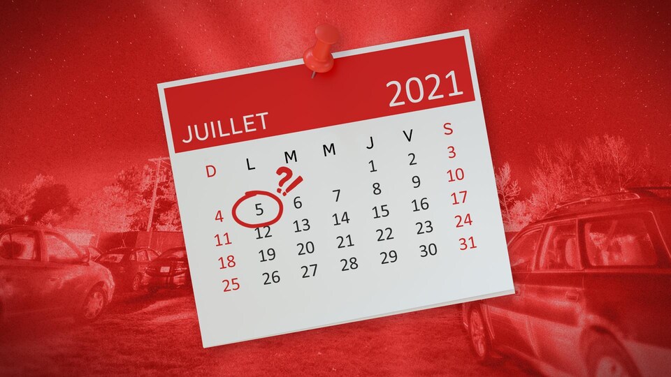 Illustration d'un calendrier où la date du 5 juillet 2021 est encerclée en avant-plan et une photographie d'un ciné-parc en arrière-plan.