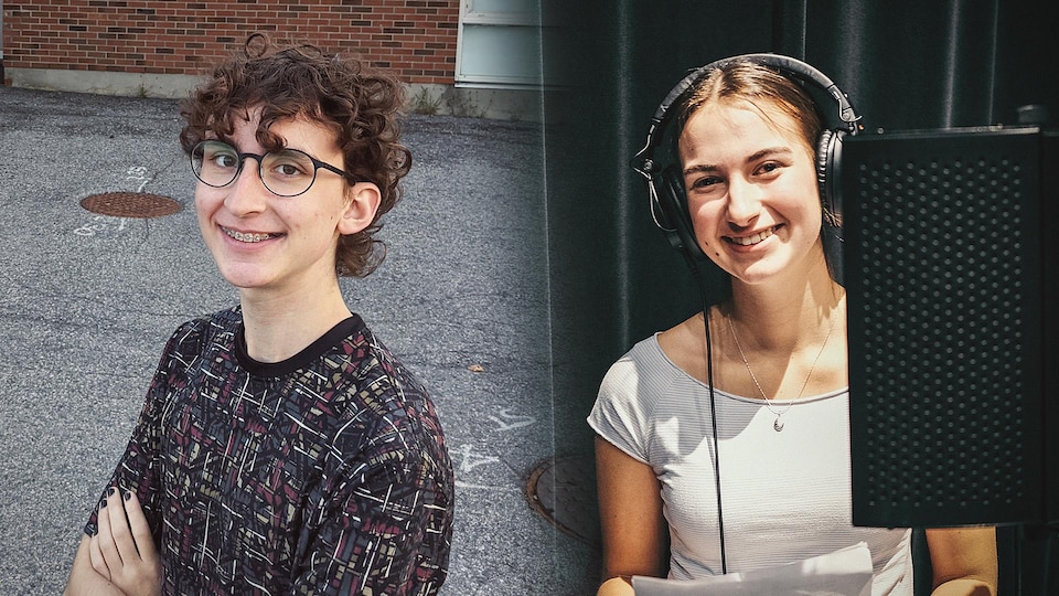 À gauche : Toby Guillemette, souriant. À droite : Sarah Komendat, souriante, dans un studio d'enregistrement.