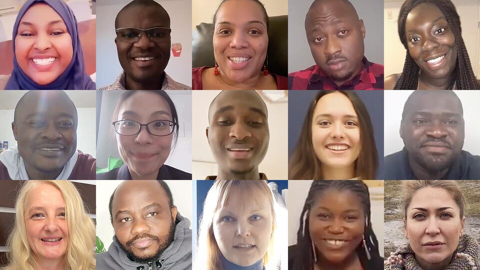 Une mosaïque de visages de personnes qui ont immigré au Canada.