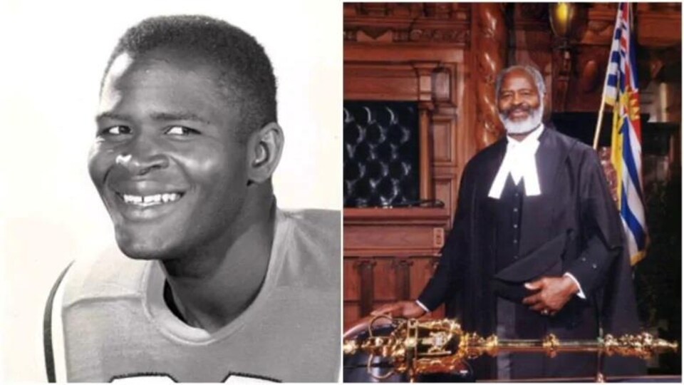 Collage de deux photos, une en noir et blanc d'Emery Barnes en habit de footballeur et l'autre en habit officiel de président, dans l'assemblée législative de Victoria.