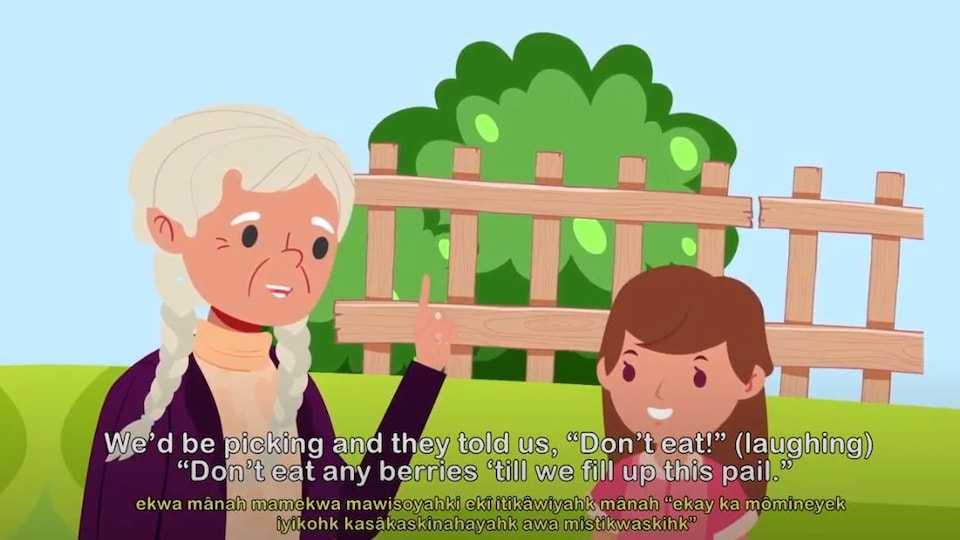 Une ancienne et une jeune fille parlent dans un dessin animé.