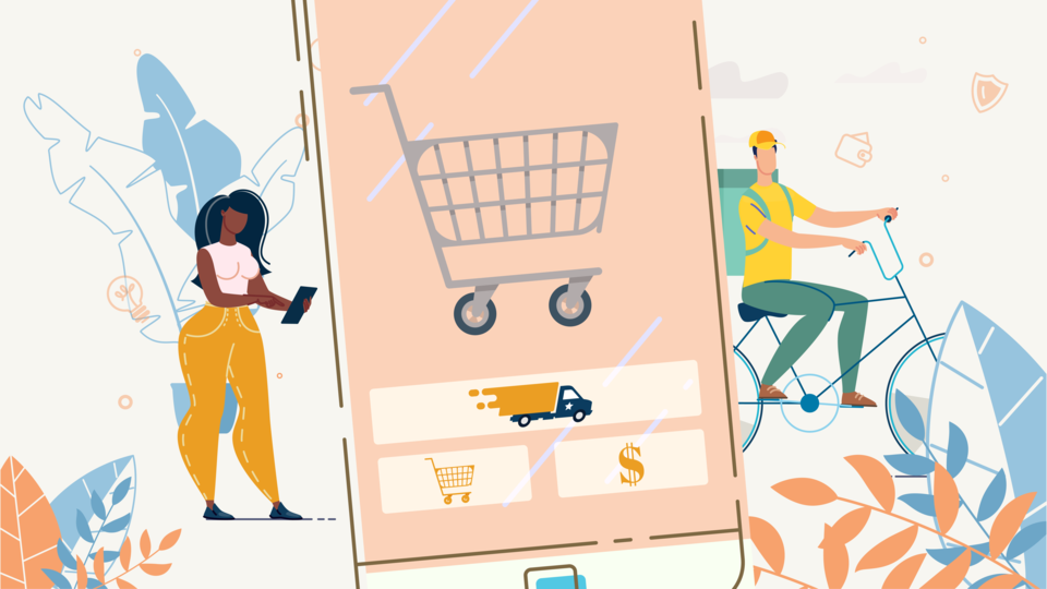 Illustration d'une application d'épicerie en ligne sur un téléphone cellulaire. À la gauche du téléphone, une femme est en train de magasiner en ligne et à la droite, un livreur en bicyclette.