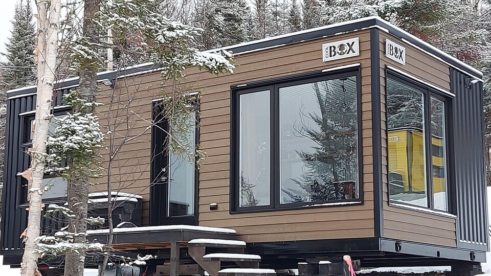 Chalet-conteneur de l'entreprise Coolbox dans une forêt enneigée.