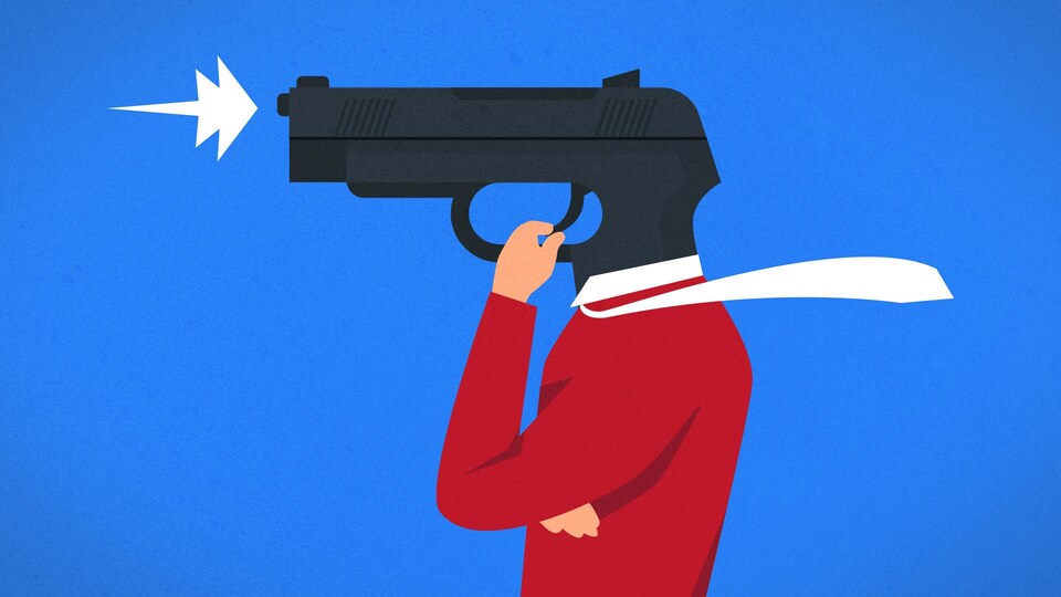 Illustration d'un homme dont la tête est un pistolet.