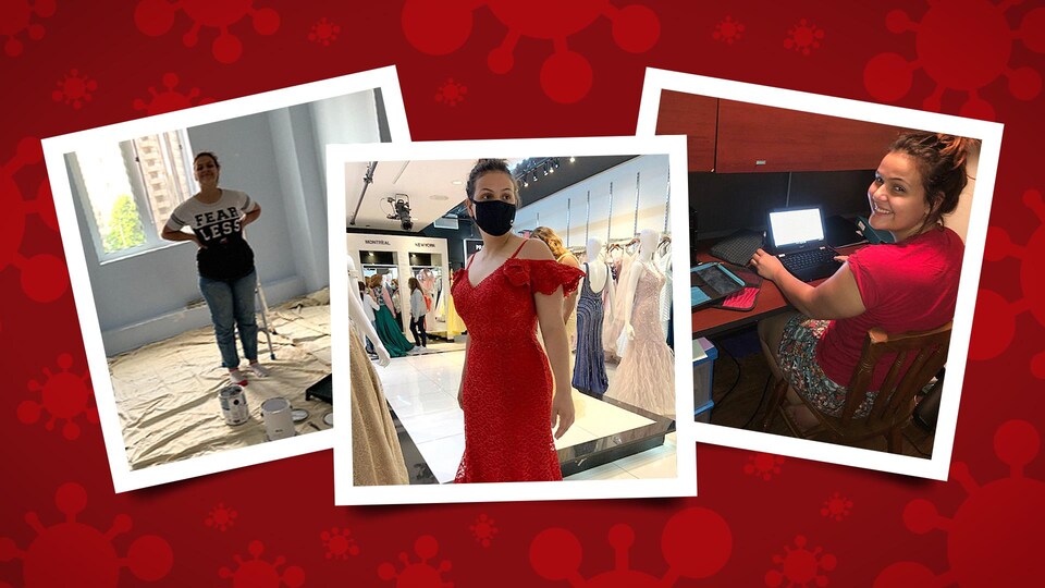 Montage de plusieurs photos d'une jeune fille qui essaie une robe, qui travaille sur un ordinateur portable et dans une pièce en rénovation.