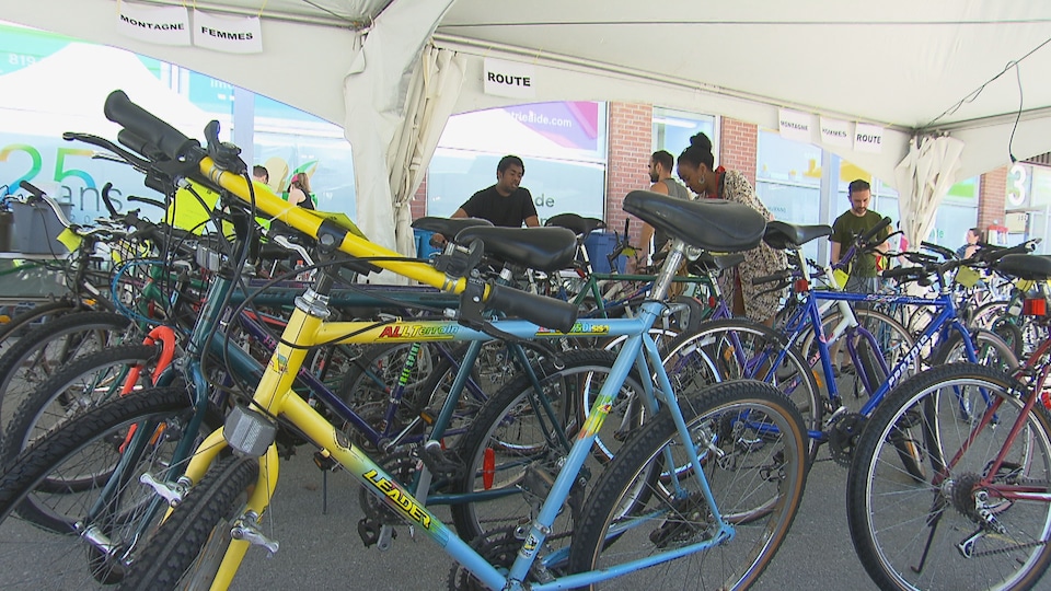 Des vélos sont rassemblés sous un chapiteau. Des bénévoles conseillent les clients.