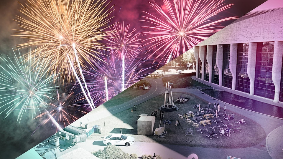 Montage photo de feux d'artifices et du site des 25es Grands Feux du Casino Lac-Leamy.
