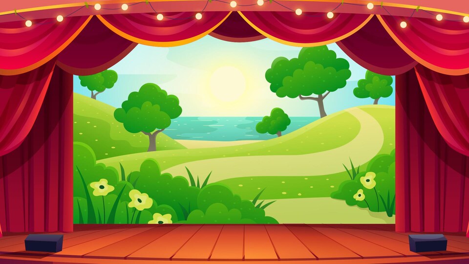 Une illustration d'une scène de théâtre qui ouvre sur un paysage de nature avec des arbres et un lac.