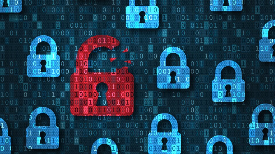 Illustration d'un cadenas brisé qui est entouré de plusieurs autres cadenas et de chiffres représentant un concept de technologie.