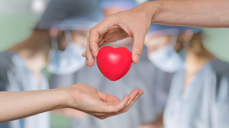 Un coeur devant des chirurgiens qui font une transplantation. 