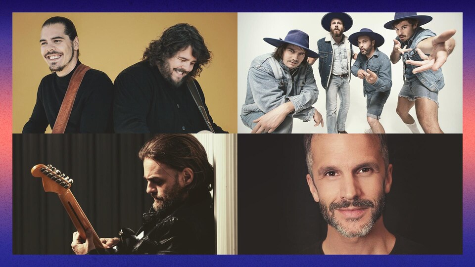 Montage photo de artistes 2Frères, Bleu Jeans Bleu, Boom Desjardins et Steve Veilleux.