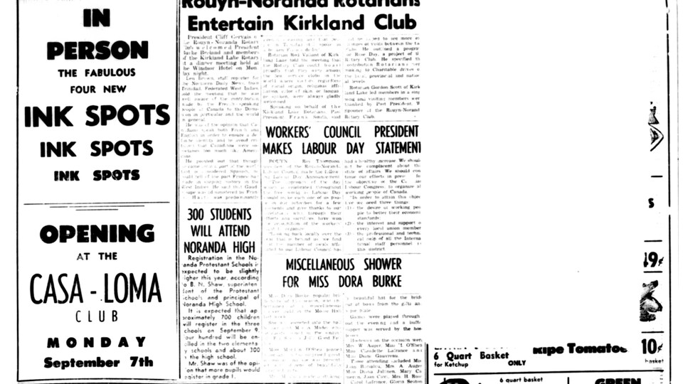 Publicité en vue du passage du groupe The Ink Spots à Rouyn-Noranda, en 1959