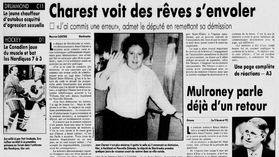 La une de La Tribune du 25 janvier 1990 où on aborde la démission de Jean Charest à titre de ministre des Sports du Canada. 