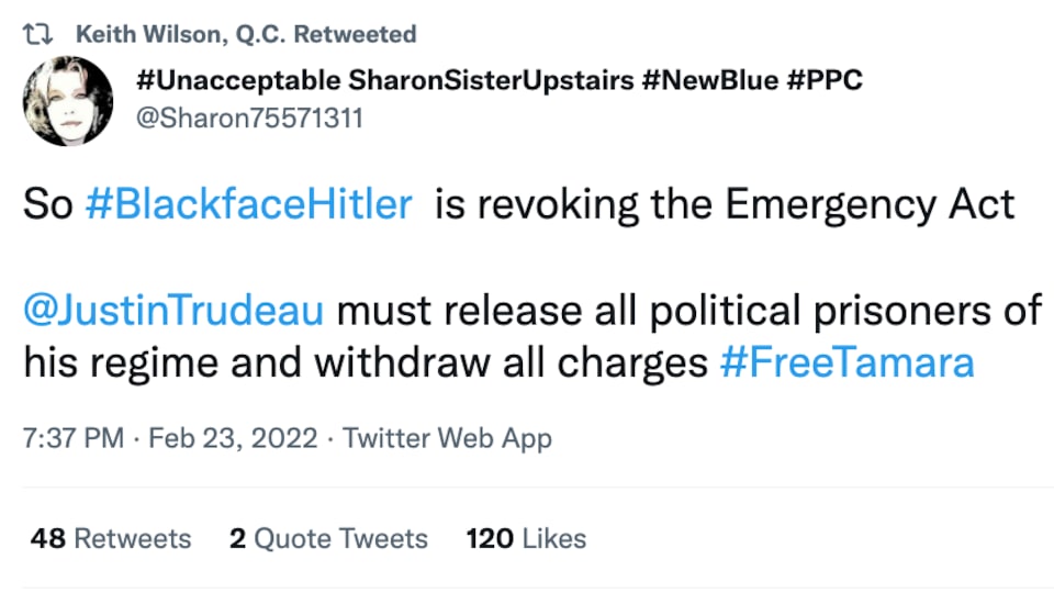 A screenshot of a retweeted message from Keith Wilson.  It reads: “Justin Trudeau must release all political prisoners from his regime and drop all cases.