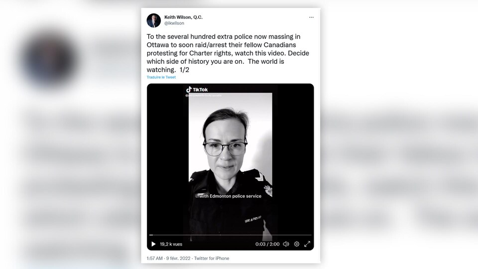 A screenshot of the message posted by Keith Wilson on Twitter.  It reads: “For the hundreds of additional police now massing in Ottawa to raid/arrest as soon as possible their fellow Canadians protesting for Charter rights, watch this video.  Decide which part of the story you are in.  The world is watching you.  