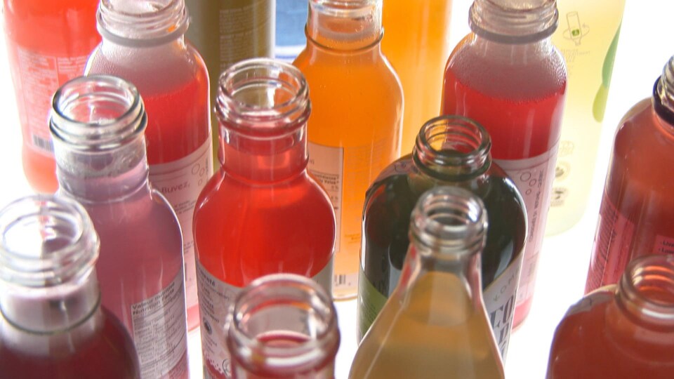 Des bouteilles de kombucha de différentes couleurs.