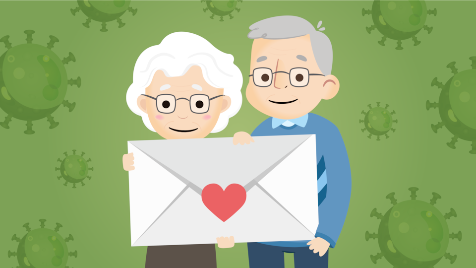 Une illustration d'un couple de grands-parents qui tiennent une enveloppe géante dans leurs mains devant un arrière-plan qui représente la COVID-19.