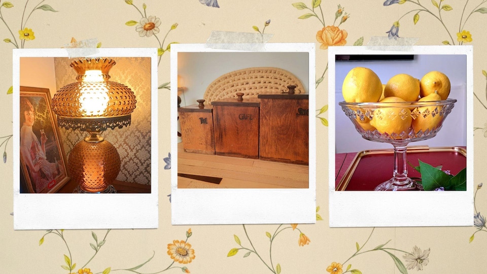 Montage photo d'une lampe, de boîtes en bois et d'un bol à fruits.