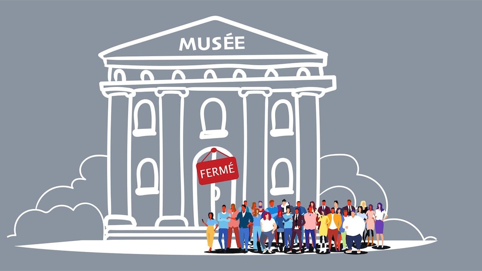 Illustration d'un groupe de personnes devant un musée. Une affiche sur la porte indique que le musée est fermé.