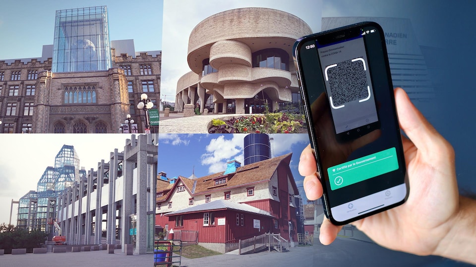 Montage photo d'une main qui tient un téléphone affichant une application de preuve vaccinale et de plusieurs images de musées de la région d'Ottawa Gatineau.