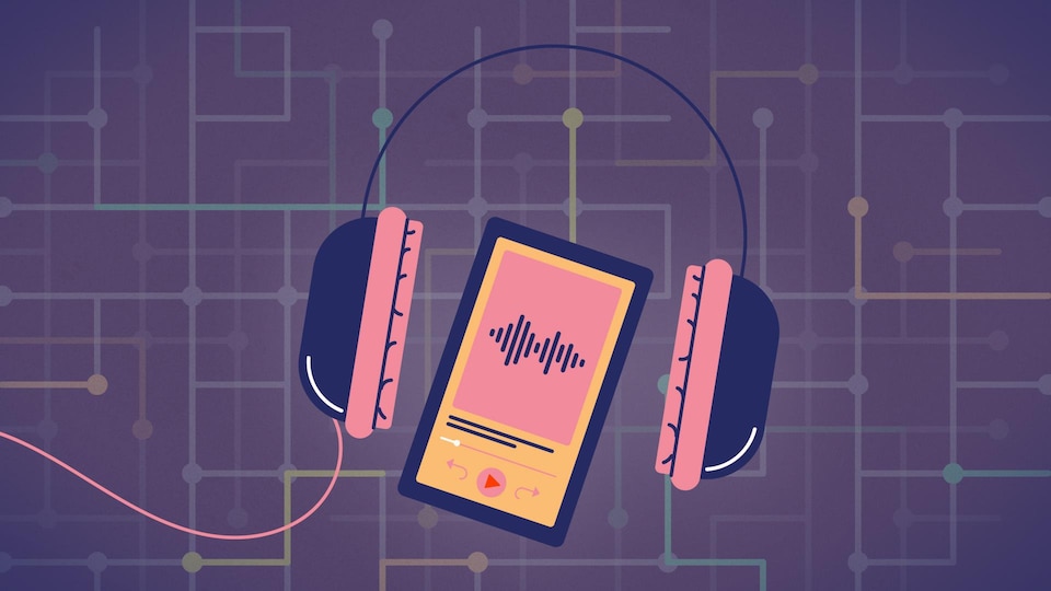 Illustration d'un téléphone qui joue de la musique avec une paire d'écouteurs. En arrière-plan de trouve des éléments visuels qui représentent des circuits technologiques.