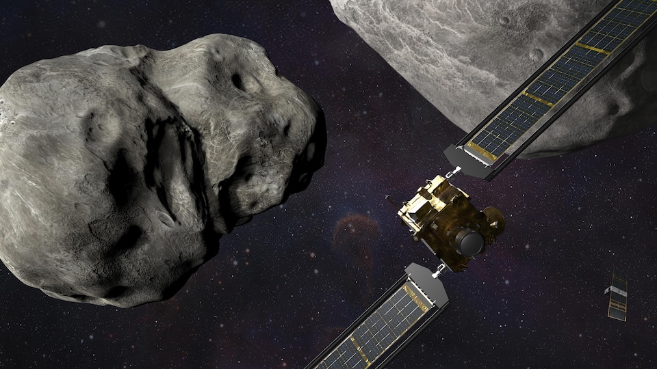 Illustration d'un satellite de la NASA qui s'apprête à percuter un astéroïde.