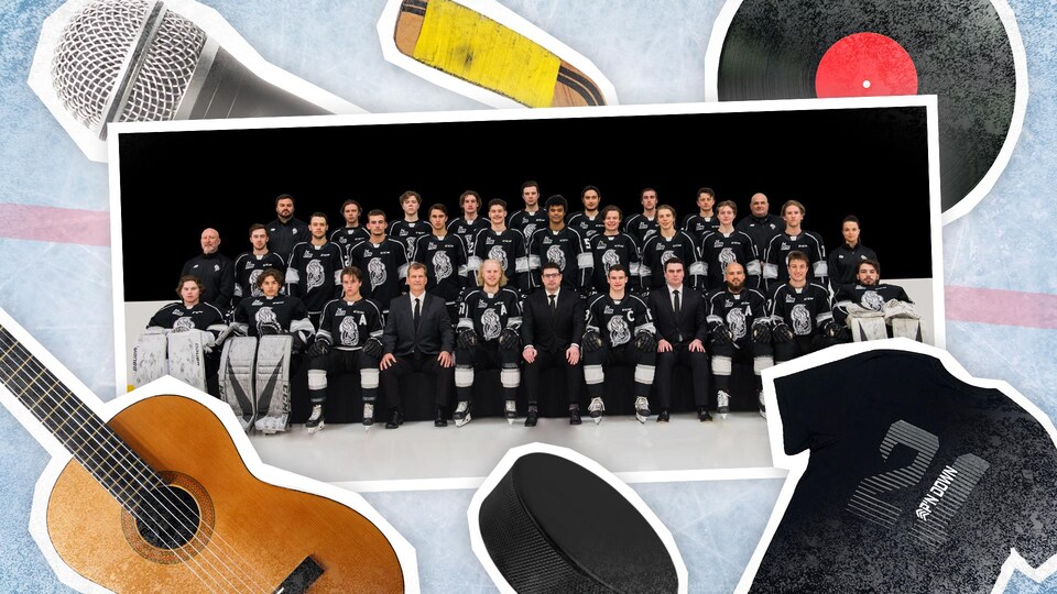 Illustration d'une photo d'équipe des Olympiques de Gatineau entourée d'objets qui représente le hockey et différentes vocations artistiques.
