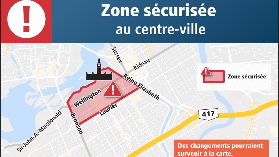 Une carte de la zone sécurisée au centre-ville d'Ottawa, soit le quadrilatère entre les rues Wellington et Laurier, la promenade Reine-Élizabeth et l’avenue Bronson. 