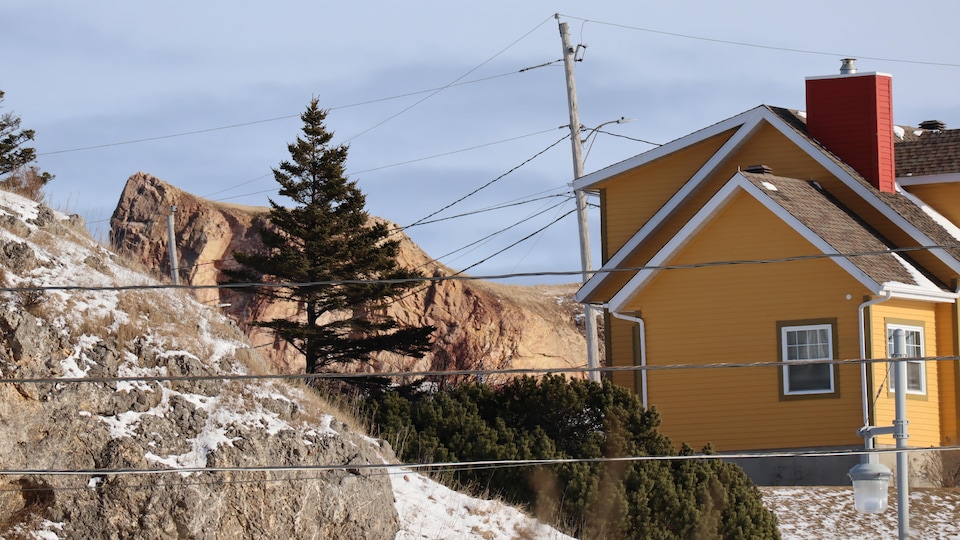 A view of Cap-Canon, in Percé, interspersed with electric cables.