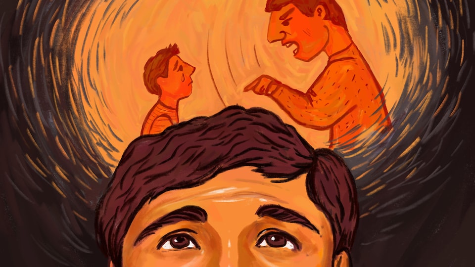 Illustration d'une personne qui pense à un homme qui est en train de crier vers un enfant.