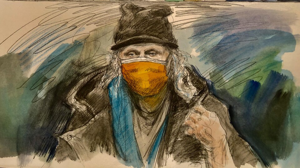 Dessin de cour d'un homme portant un masque.
