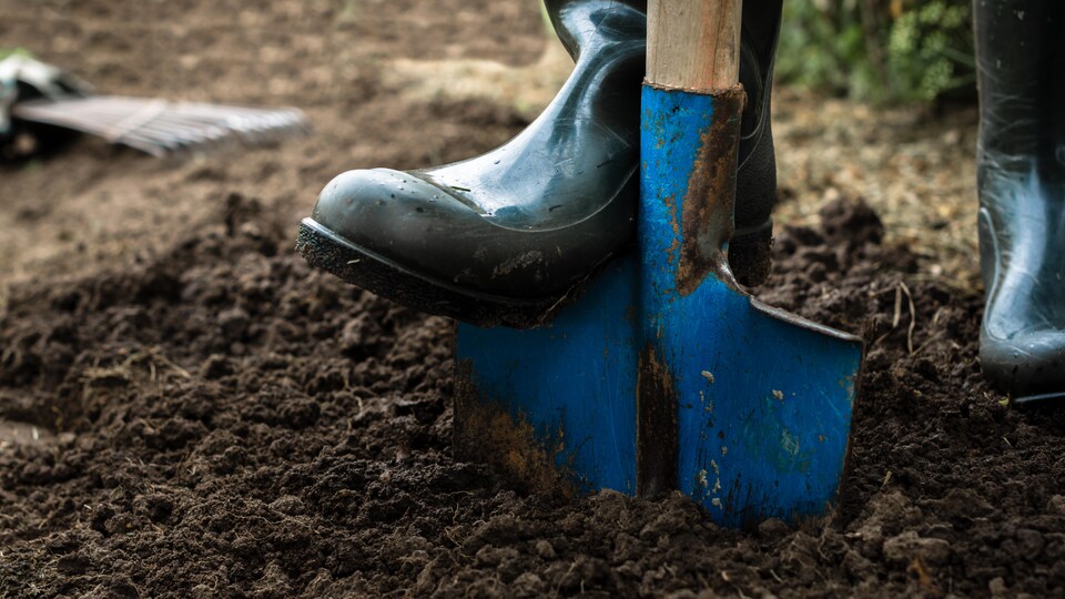 Une personne avec des bottes en train de creuser avec une pelle dans de la terre.