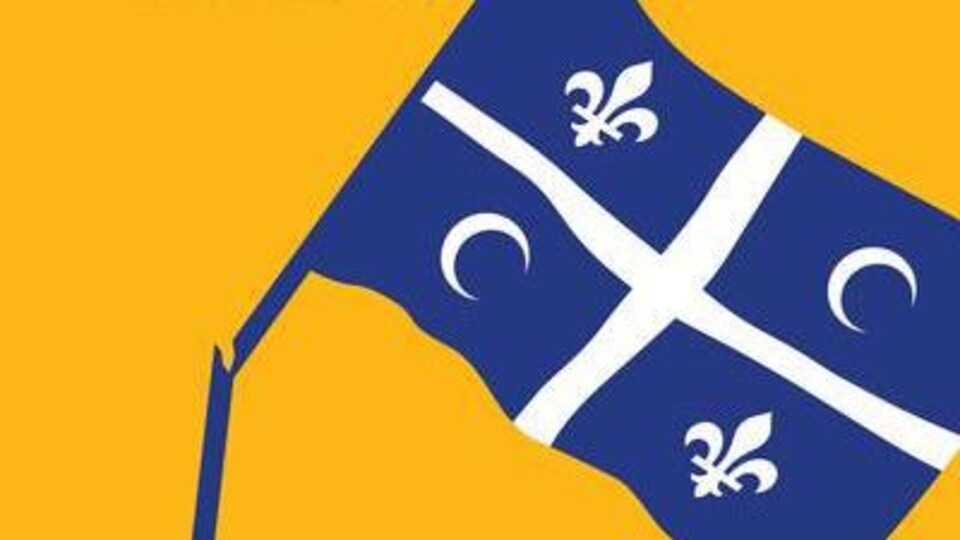 Illustration d'un drapeau québécois avec deux fleurs de lys et deux croissants de lune islamiques.