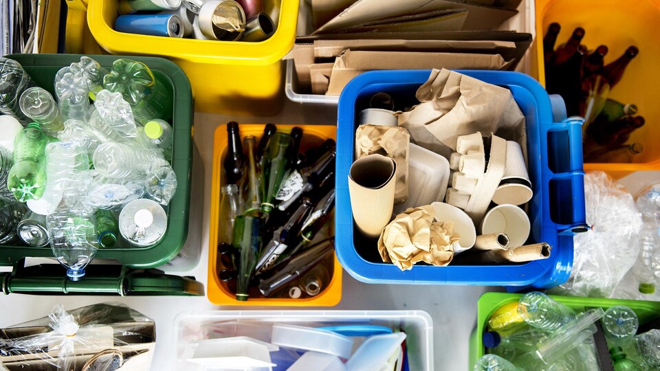 Plusieurs objets recyclables dans des bacs différents.