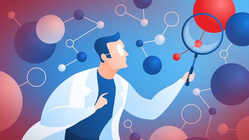 Illustration d'un scientifique qui observe des molécules avec une loupe géante.