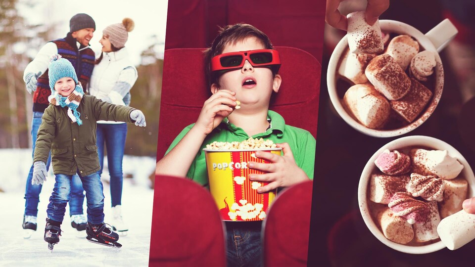 Montage photo d'une famille qui fait du patin à glace, d'un jeune garçon au cinéma et de tasses de chocolat chaud.
