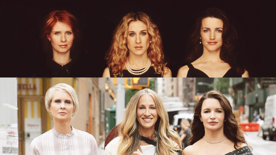 Montage photo des actrices Cynthia Nixon, Sarah Jessica Parker et Kristin Davis en 2001 et en 2021.